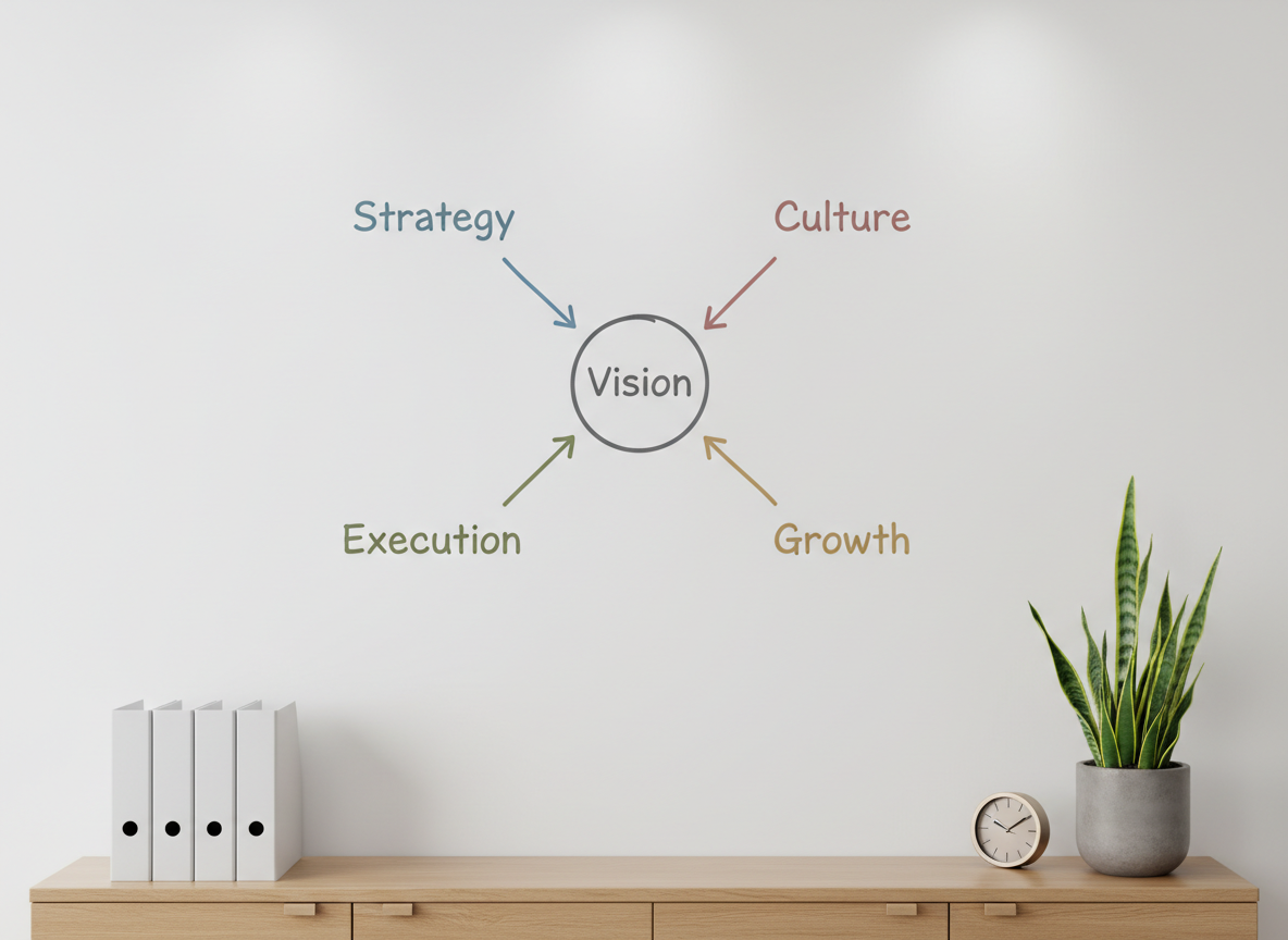 A minimalist whiteboard wall covered with a carefully drawn central circle labeled “Vision” surrounded by radiating arrows leading to neatly written terms like “Strategy,” “Culture,” “Execution,” and “Growth,” each in a different muted color. At the base of the wall sits a low, light-oak credenza holding closed binders, a small metal desk clock, and a single thriving green plant in a matte concrete pot. Soft studio lighting evenly illuminates the scene, preventing harsh shadows and emphasizing clarity of each word and line. Captured from an eye-level, straight-on perspective with sharp focus across the entire frame, the mood is methodical, thoughtful, and optimistic. The photographic realism and modern, uncluttered composition convey structured leadership thinking and long-term planning.