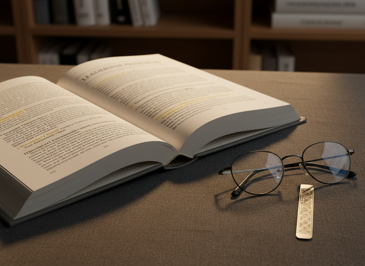 An elegant, open hardcover book titled "Leadership Principles" resting on a textured charcoal fabric surface, its pages filled with neatly typeset paragraphs and key phrases highlighted in soft yellow. Beside it lies a pair of minimalist black-framed reading glasses and a slim, metal bookmark engraved with subtle geometric patterns. Warm, directional desk lamp lighting from the upper left casts gentle, elongated shadows and creates cozy reflections on the glasses. The background falls into a soft blur, revealing hints of a wooden bookshelf and a few upright business titles. Shot from a slightly elevated angle, with a shallow depth of field that keeps the book and glasses in crisp detail, the mood is reflective, studious, and professional, emphasizing continuous learning and leadership development in a realistic photographic style.