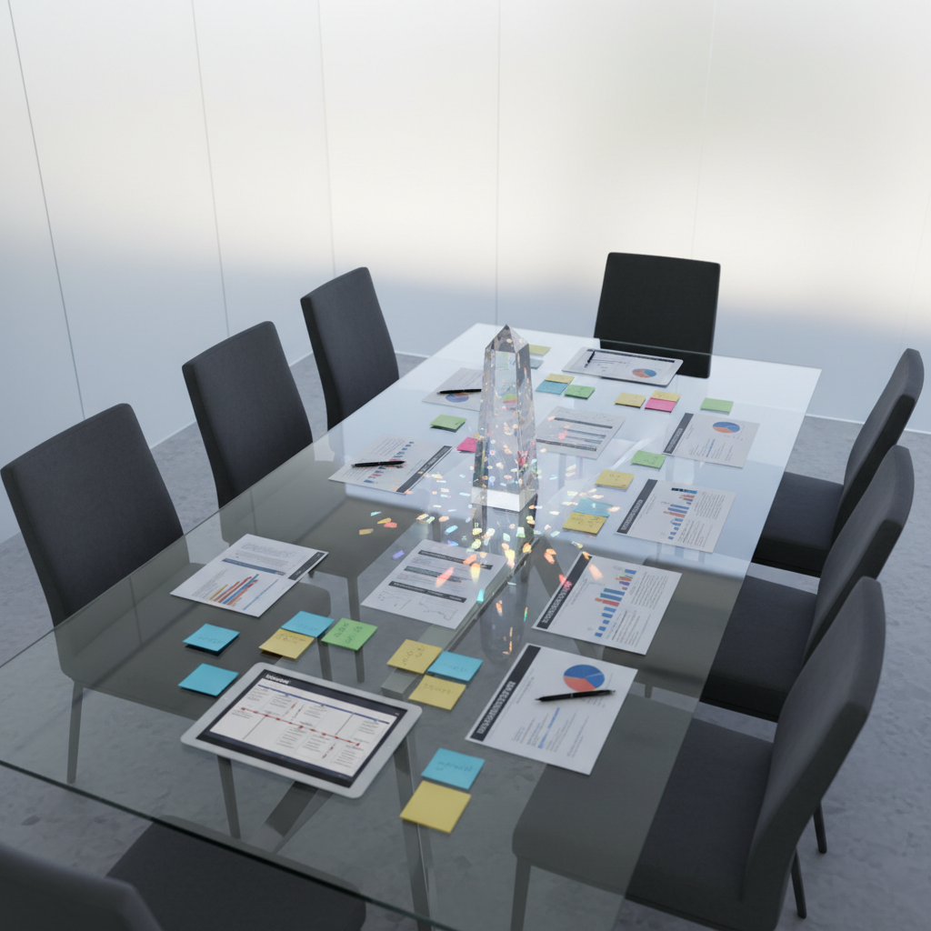 A large, clear glass conference table with a central, upright crystal prism casting fragmented beams of light onto neatly arranged strategy documents, color-coded sticky notes, and a sleek tablet showing a structured roadmap timeline. Around the table, high-backed chairs are pushed in symmetrically, untouched. Soft, diffused daylight filters through frosted glass walls, creating a calm, private atmosphere of strategic thinking. The composition is shot from above at a slight diagonal, emphasizing order and structure, with sharp focus on the central prism and gentle blur toward the edges. The overall aesthetic is clean, modern, and photographic, symbolizing clarity of vision, focused leadership, and organized business planning without any human presence.