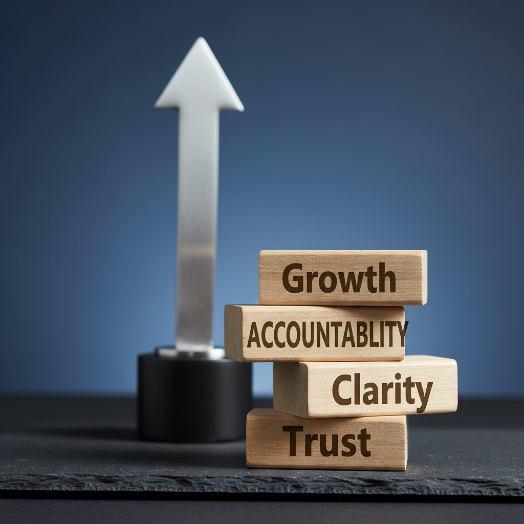 A meticulously arranged collection of four stacked wooden blocks on a smooth, dark slate surface, each block engraved with a single word: “Trust,” “Clarity,” “Accountability,” and “Growth,” ascending in that order. Behind them, slightly out of focus, stands a slim, vertical metal sculpture shaped like an upward arrow, mounted on a matte black base. Cool, diffused overhead lighting creates soft reflections on the arrow’s metallic surface and crisp, readable shadows beneath each block. The background is a gradient of deep navy to lighter blue, suggesting depth and ambition. Captured from a low-angle, close-up perspective that makes the blocks feel substantial and foundational, the composition follows the rule of thirds for a balanced, modern, photographic realism that symbolizes the building blocks of strong leadership and scalable organisations.